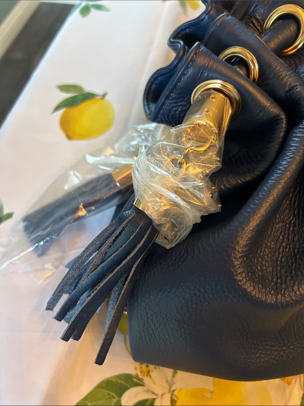 New large Classic Navy Pebbled Leather Shoulder Bag with Tassels - Picture 2 of 6
